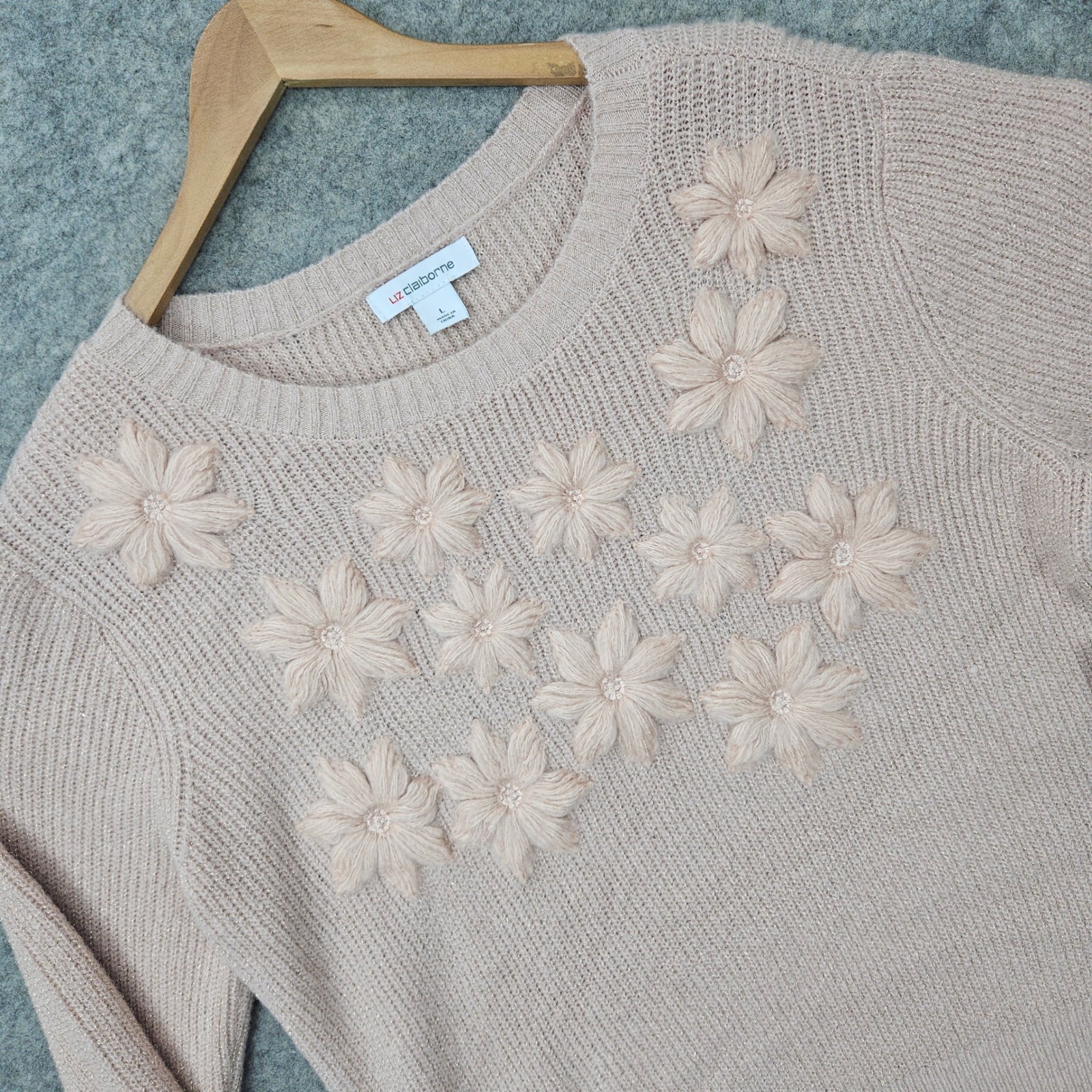 New Liz Claiborne Sweater Womens Large Rose Quartz Pink Floral Metallic Knit Nwt